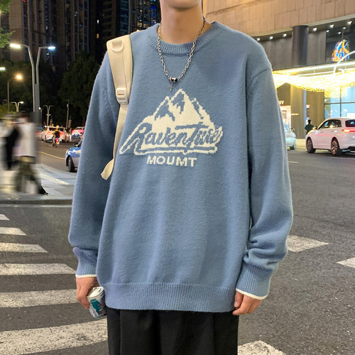 唐狮毛衣男生冬季新款圆领山系图案日系宽松男毛衫青少年潮