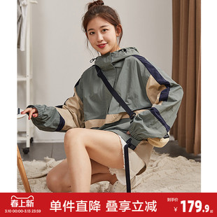 唐狮早春新款外套女连帽工装港风上衣chic撞色冲锋少年休闲k