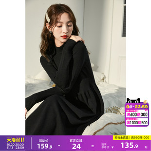 唐狮冬季黑色打底连衣裙女春装新款秋冬内搭中长款针织毛衣裙