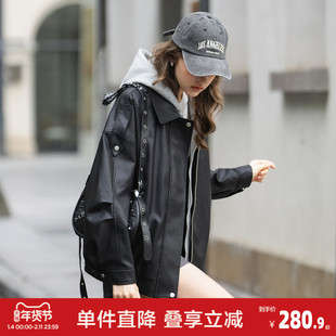 唐狮2026春季皮衣外套女款假两件连帽皮衣时尚宽松美式复古冬黑色