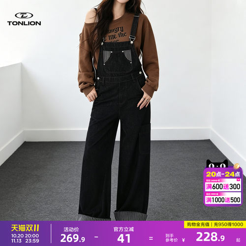唐狮减龄阔腿牛仔背带裤女秋季