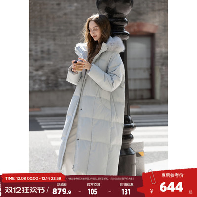 唐狮2025冬季羽绒服女长款连帽可拆卸仿真毛加厚羽绒外套温柔气质