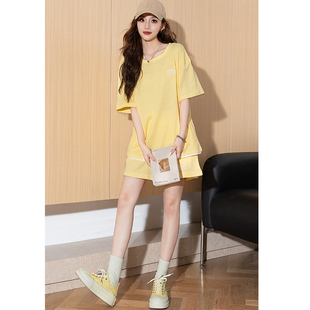 唐狮黄色短袖T恤套装女夏季2026夏新款休闲运动套装短裤一整套g5