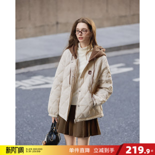 百搭设计感 棉衣菱形格时尚 唐狮2026秋冬季 女士拼接撞色连帽短款