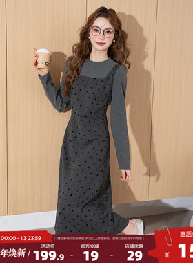 唐狮2025秋冬季女连衣裙假两件长裙灰色气质温柔风波点小个子穿搭