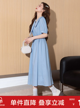 唐狮海军领短袖连衣裙2026新款裙子女夏季长裙蓝色法式气质女装l2