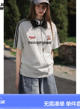 唐狮短袖polo衫女士2026夏季新款休闲灰色纯棉宽松美式慵懒宽松潮