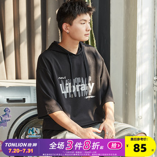 唐獅2024夏季 青少年連帽半袖 衛(wèi)衣男休閑寬松黑色上衣薄款 潮牌 新款