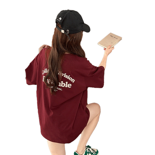 yoe酒红色t恤美式女装纯棉短袖女上衣夏季新款复古宽松半袖女款