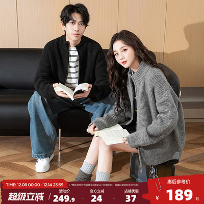 唐狮2025春季新款情侣毛衣立领净色宽松拉链针织开衫韩系黑色男女