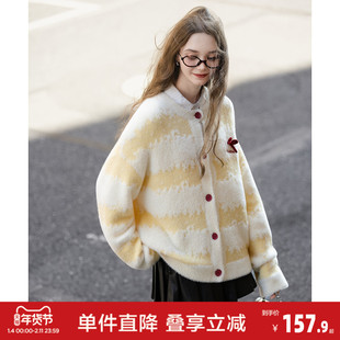 唐狮2026秋冬季女毛衣圆领双色渐变提花可爱蝴蝶结甜美约会穿搭