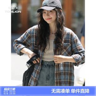 唐狮美式风格子长袖衬衫女秋季短款翻领衬衣复古格纹宽松落肩上衣