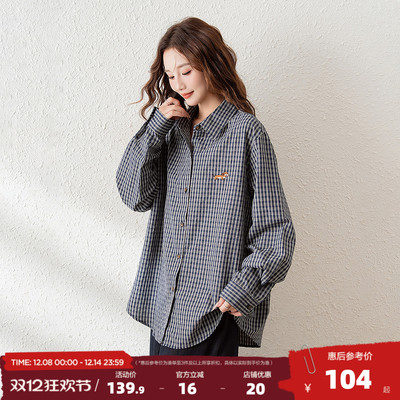 唐狮2025秋季长袖衬衫女藏青格纹衬衣复古气质休闲风高级感上衣BL