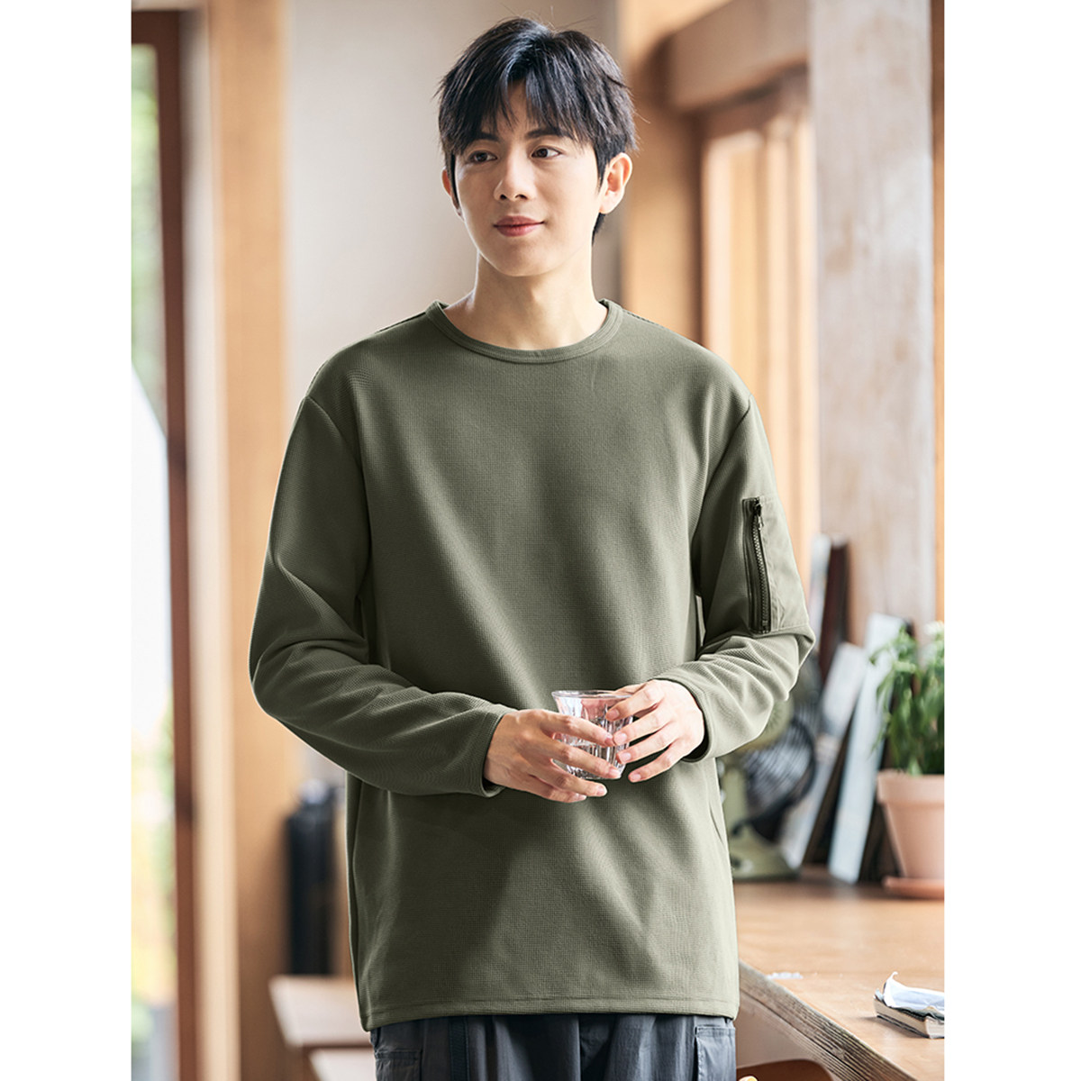 唐狮2024秋季新款华夫格长袖t恤男装宽松圆领上衣休闲内搭打底t潮