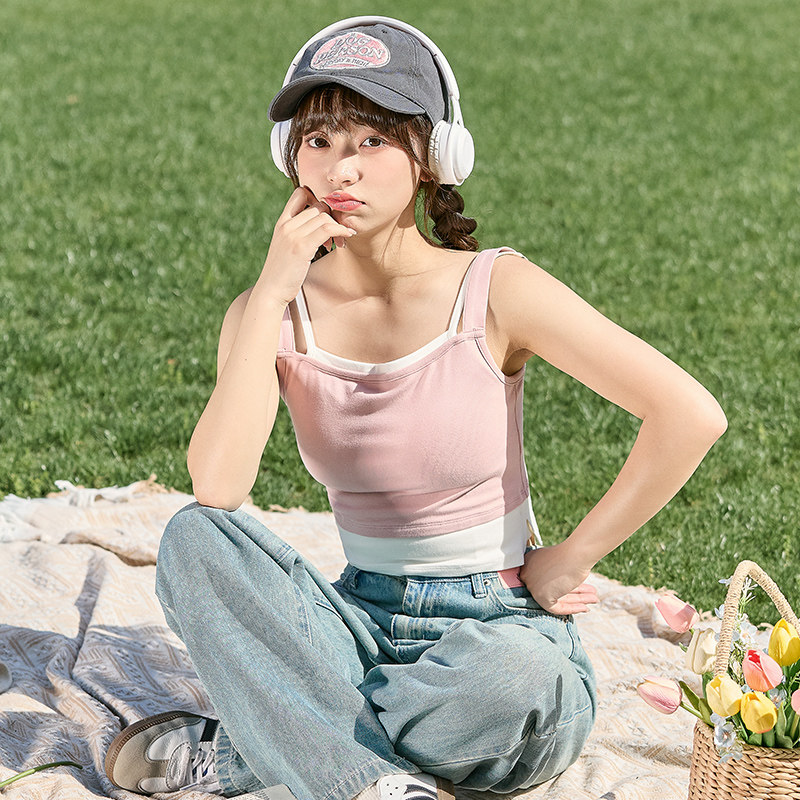 唐狮2024夏季新款打底背心女士针织假两件小吊带内搭黑色美背外穿