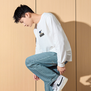 唐狮春秋新款男长袖t恤前胸图案圆领上衣潮酷宽松内搭打底衫t