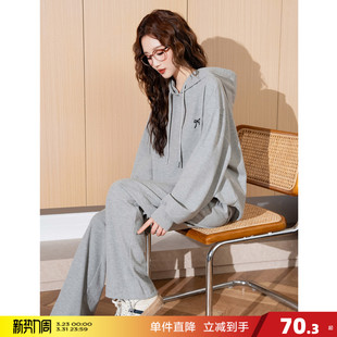 女春秋宽松开春穿搭A1 休闲运动套装 唐狮灰色连帽卫衣套装 新款