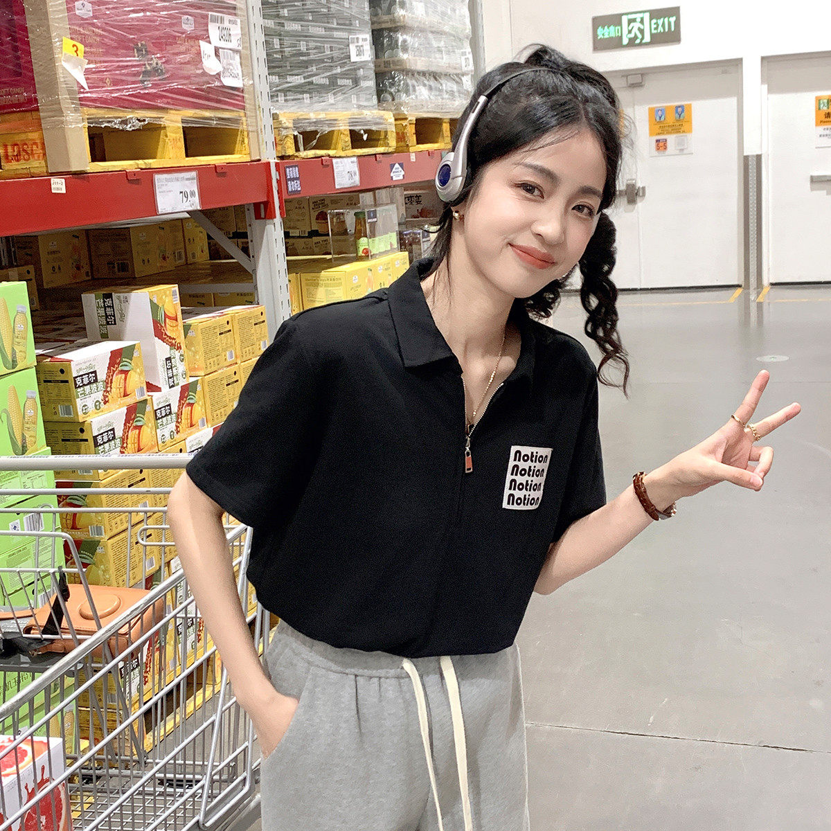 唐狮2025夏季女polo衫拉链净色短袖百搭简约气质慵懒风韩系潮,女装/女士精品,POLO衫,淘宝优惠券,粉丝福利购,淘宝优惠卷