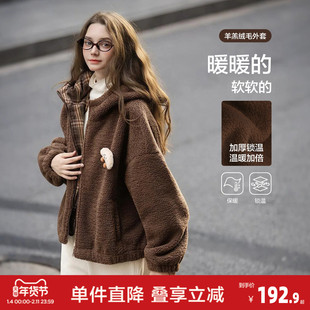 唐狮秋冬季加厚外套女短款仿羊羔绒外套棕色拼接格纹毛茸茸时尚