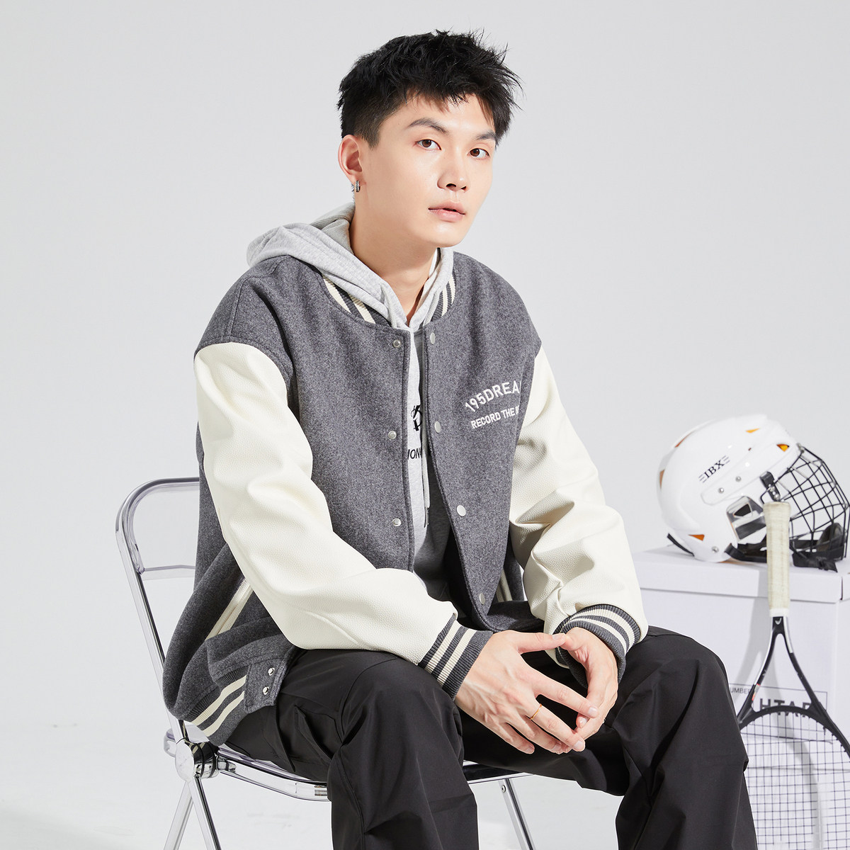 唐狮2024秋冬新款棒球服男拼接美式棒球领呢拼PU皮短款外套男夹克