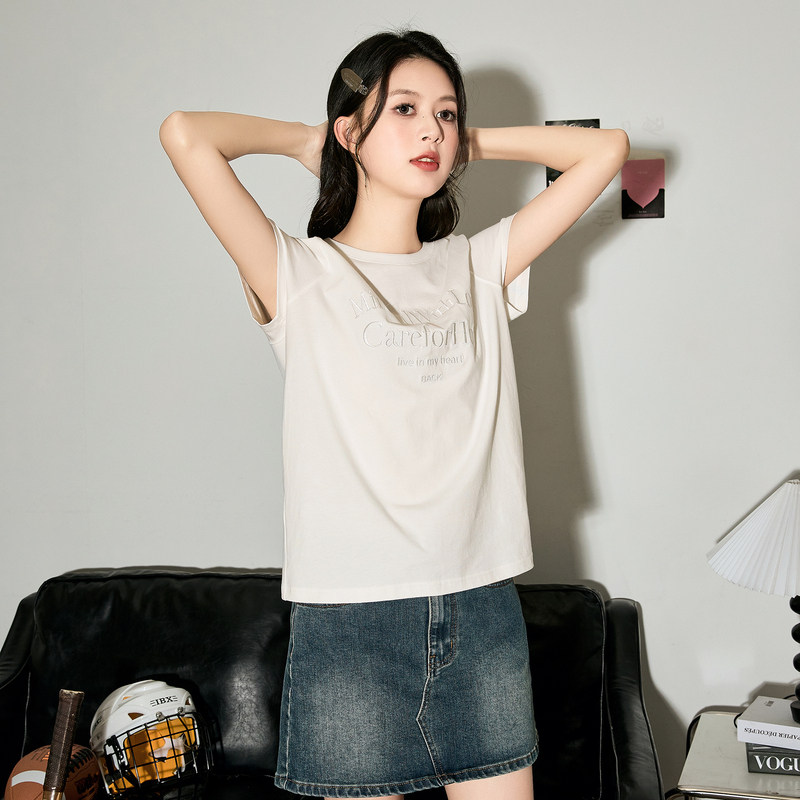 唐狮2024夏季新款女短袖T恤圆领简约文字女韩系别致绝美小上衣sz