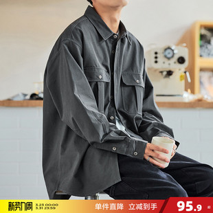 男士 唐狮春秋新款 衬衫 长袖 港风日系休闲宽松衬衣外套潮复古 工装