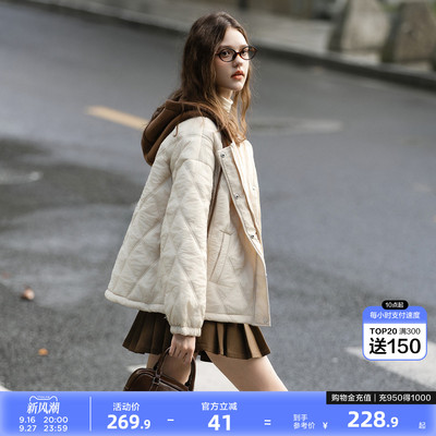 唐狮2026秋冬季短款棉衣连帽女菱格纹拼接撞色简约风厚外套女
