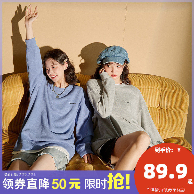 唐狮2022秋季新款女士卫衣圆领假两件韩版宽松设计感小众潮流上衣