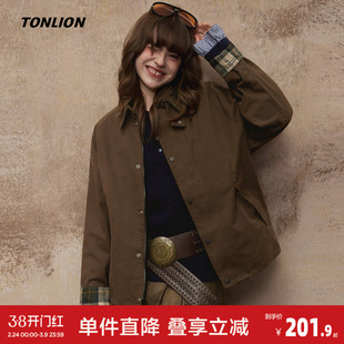 唐狮女外套2026春秋外套女夹克衫棕色拼接格子设计高级感秋季穿搭