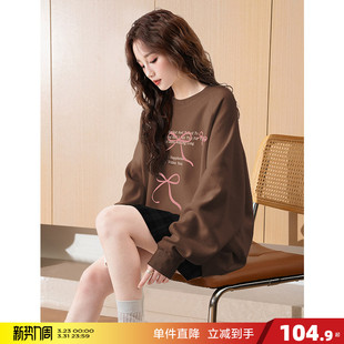 甜美潮 卫衣薄款 唐狮春秋新款 圆领卫衣女设计感蝴蝶结文字长袖