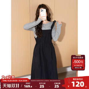 黑色背带裙长裙气质裙子t4 新款 唐狮休闲工装 风背带连衣裙2025夏季