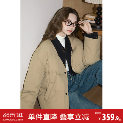 唐狮冬季羽绒外套女款翻领牛仔拼接假两件短款韩系高级感羽绒服