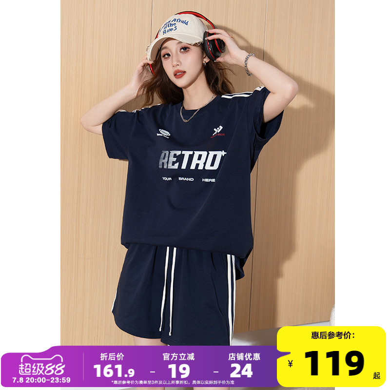 唐狮短袖T恤女夏季套装2025女新款休闲运动套装短袖短裤套装女Q