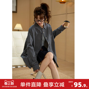 yoe2026春秋新款长袖衬衫女翻领格子衬衫复古日系上衣宽松外套