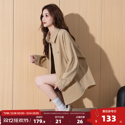 唐狮2025年春季新款翻领左胸刺绣长袖衬衫女百搭休闲上衣时尚通勤