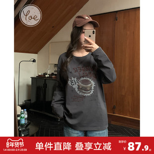 yoe灰色长袖t恤女春季新款纯棉宽松百搭上衣女美式复古印花t恤衫