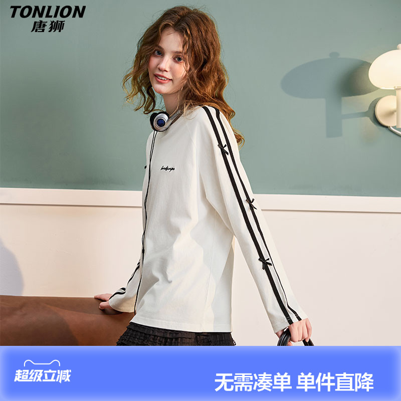 唐狮2026春夏白色长袖T恤女纯棉蝴蝶结可爱少女织带上衣打底内搭图片