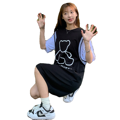 女拼接前胸图案短袖T恤连衣裙