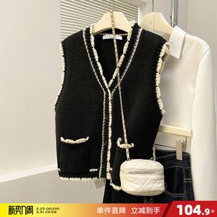 唐狮2026秋冬女毛衣撞色边设计开衫 小香风马甲外穿高级感百搭上衣