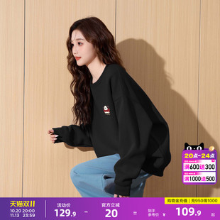 唐狮秋冬加绒圆领卫衣女卡通印花宽松套头休闲时尚简约黑色