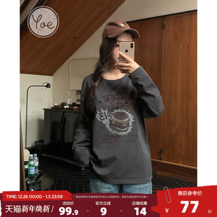 复古印花t恤衫 yoe灰色长袖 纯棉宽松百搭上衣女美式 新款 t恤女春季