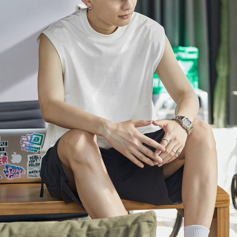 唐狮2024春夏季新款男背心纯色坎肩无袖T恤宽松圆领上衣汗衫潮