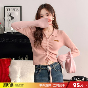 打底衫 短款 女甜辣气质毛衣 秋冬修身 唐狮粉色抽绳翻领针织衫
