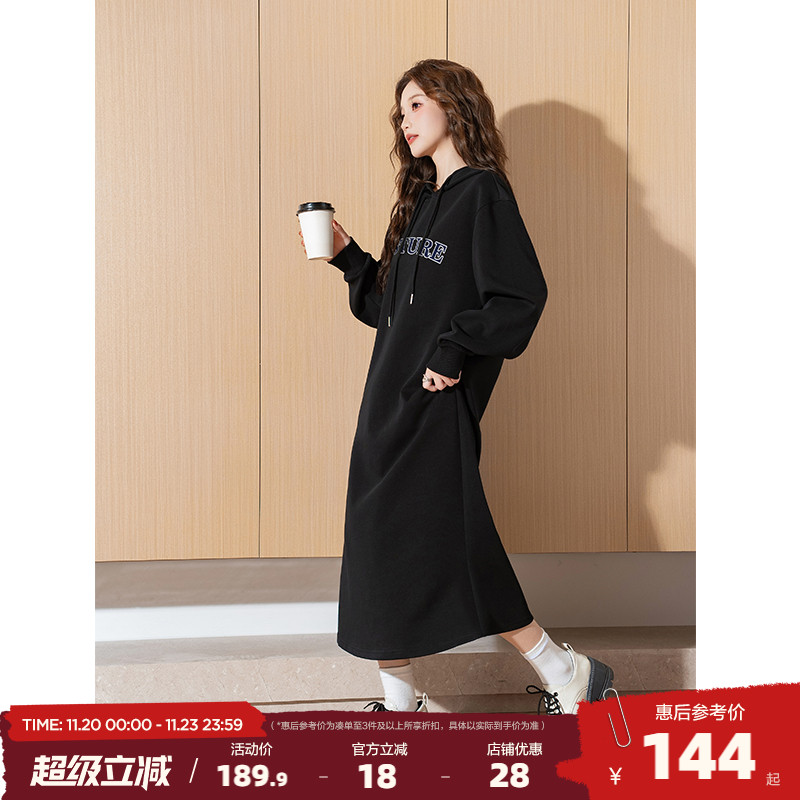 唐狮连帽加绒卫衣裙女长款连衣裙秋冬款宽松长袖针织裙黑色裙子y1