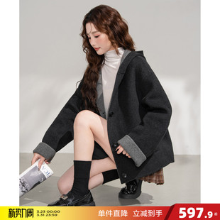 百搭黑色温柔气质风 好看时尚 唐狮2026秋冬季 女休闲呢大衣短款