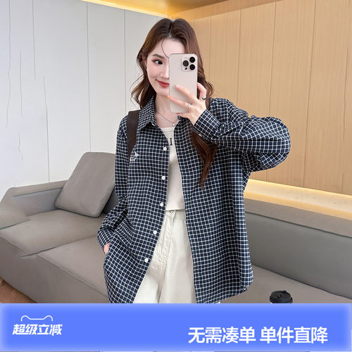 唐狮年新款长袖衬衫女黑白格子翻领休闲百搭上衣宽松外套潮bl