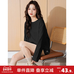 唐狮秋季新款纯色长袖T恤女宽松圆领内搭打底衫简约休闲T恤女