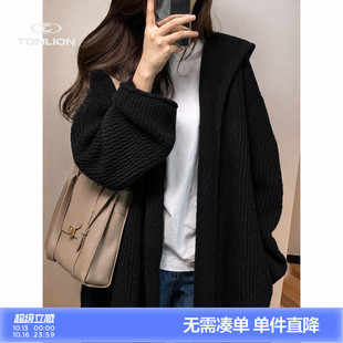 唐狮慵懒风大翻领女士针织开衫秋季长款粗线宽松落肩加厚毛衣外套