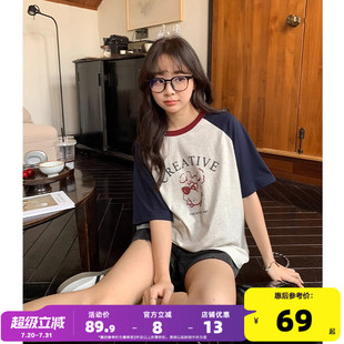 插肩袖 yoe圆领短袖 撞色印花宽松纯棉女装 t恤女上衣夏季 休闲正 新款