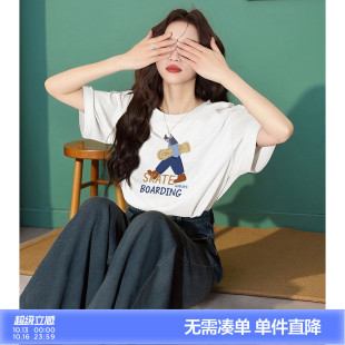 唐狮夏季宽松休闲夏装女新款短袖T恤上衣百搭学生圆领白色
